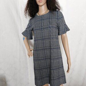 **Calvin Klein Classic Plaid Shift Dress with Ruffle Sleeves / Black-White-Blue